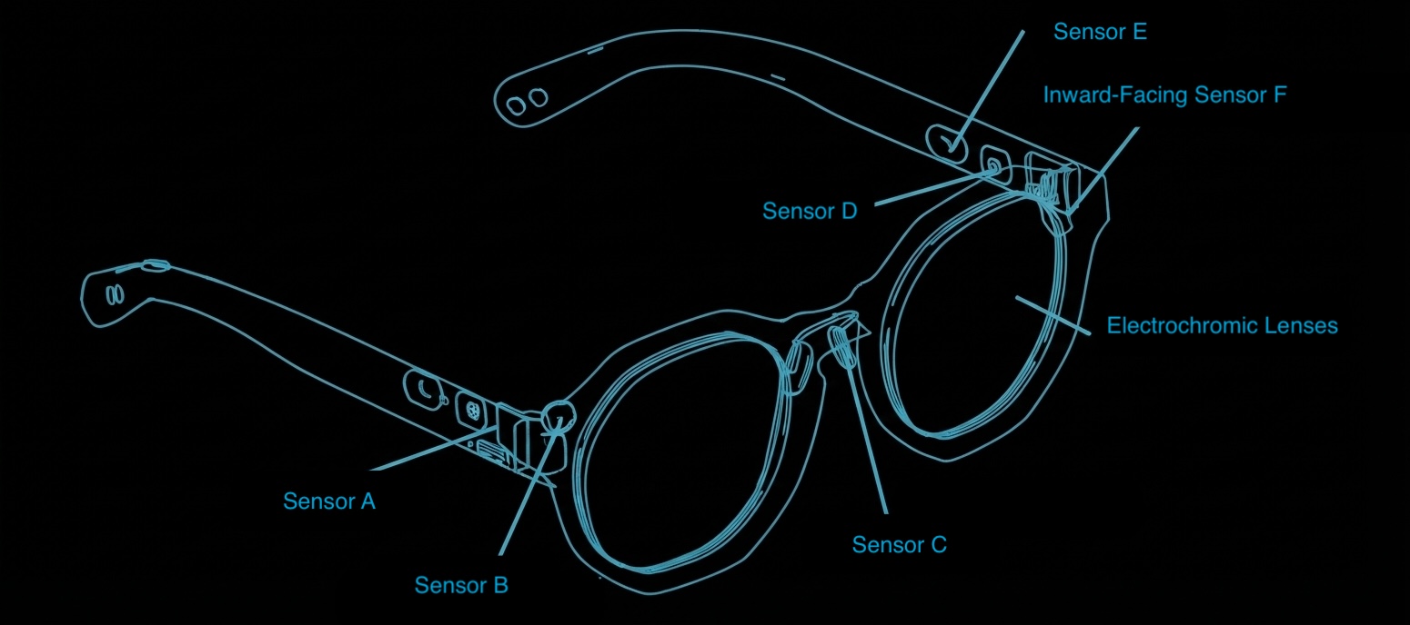STASIS glasses sensor stack: IMU, light sensors, inward camera, PPG, electrochromic lenses